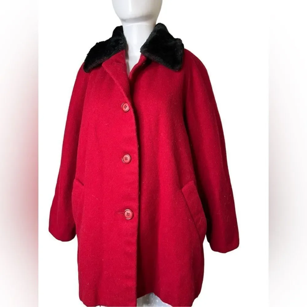 Kristen Blake Classics Faux Fur Collared Wool Pea Coat Red & Black Small
